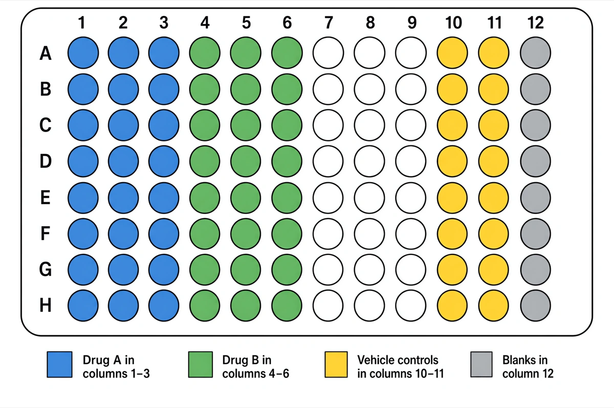 Farbcodierte 96-Well-Plattenbelegung: Wirkstoff A in Spalte 1–3, Wirkstoff B in Spalte 4–6, Vehikelkontrollen in Spalte 10–11, Leerwerte in Spalte 12, mit Legende unter der Platte.
