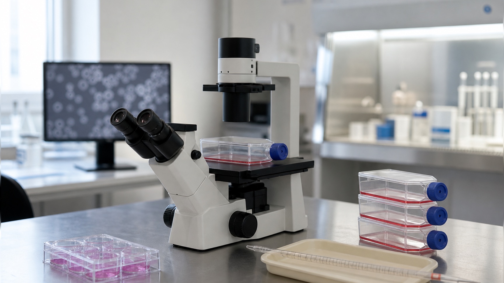 A cell culture bench: a flask of adherent cells beside an inverted phase-contrast microscope, with a plate of stained monolayers waiting to be scored.