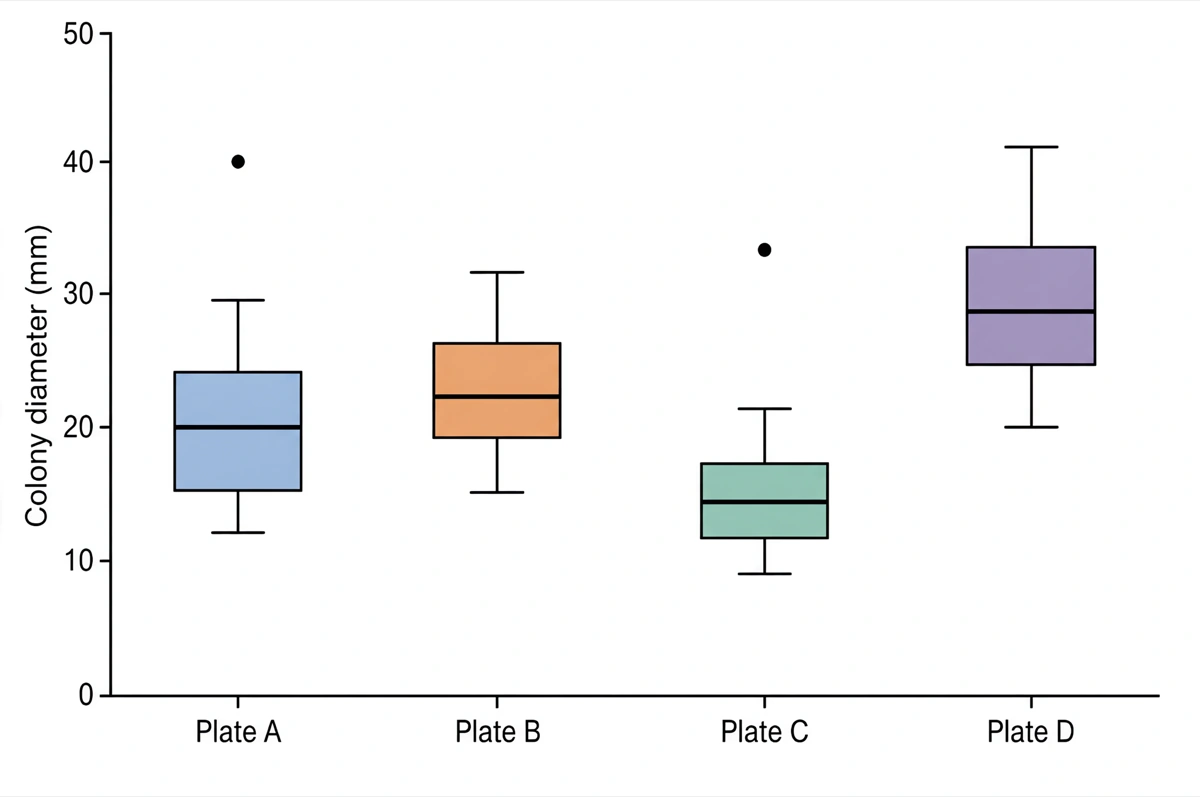 Box plot comparing colony diameter in millimetres across four agar plates labelled Plate A to Plate D, each box spanning the quartiles with a median line and 1.5 × IQR whiskers, and single outlier points above Plate A and Plate C.