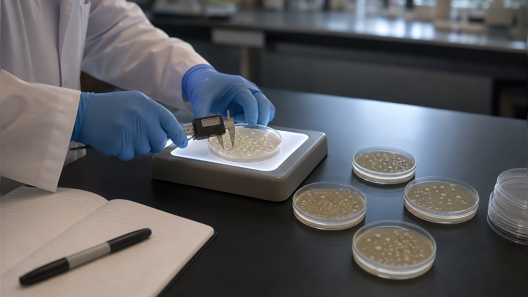 Colony diameters being measured off a plate on a backlit counter — where the twelve numbers in this article come from, before any of them reaches a figure.