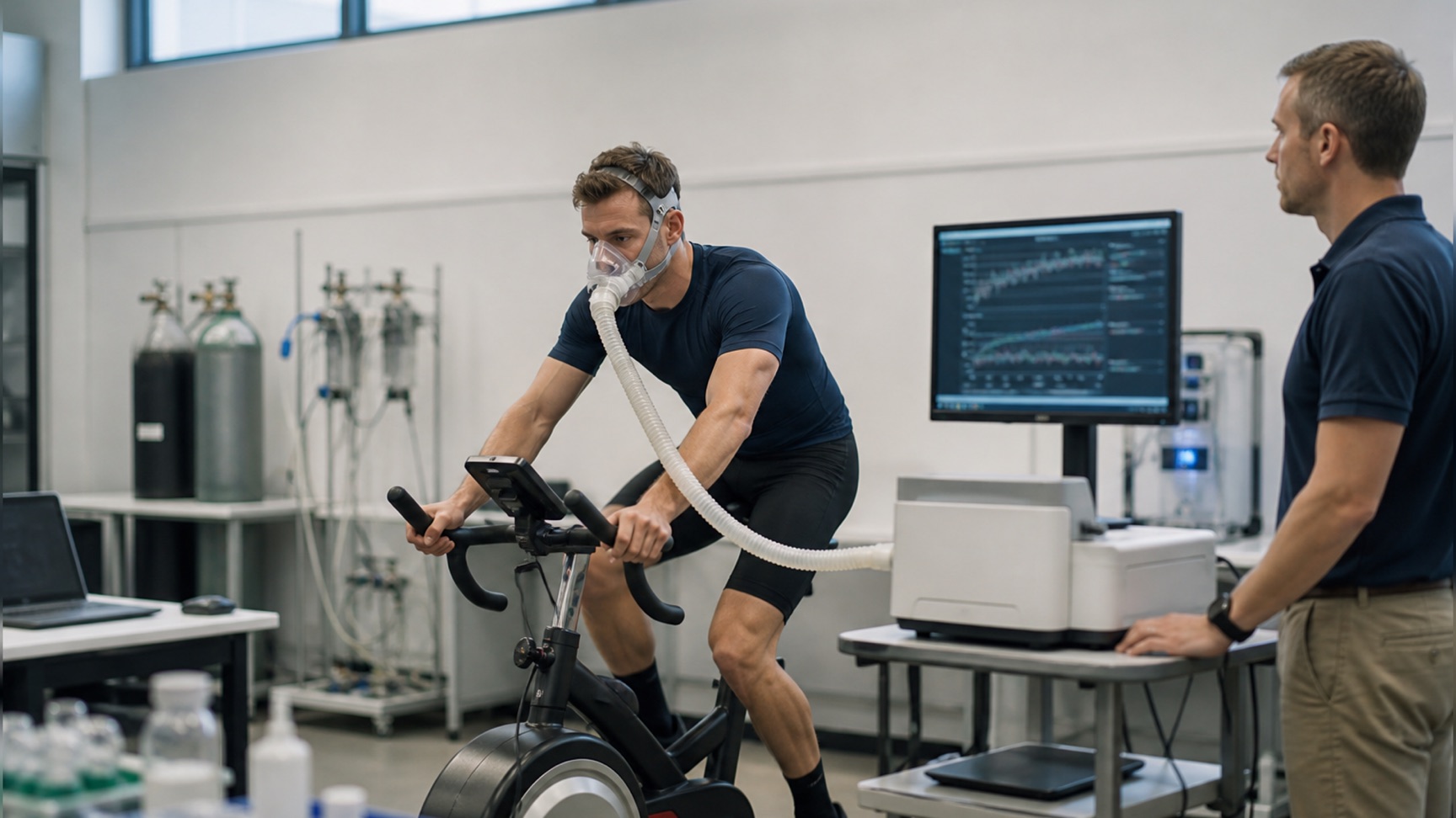 An exercise physiology lab: a metabolic cart measuring oxygen uptake and carbon dioxide output breath by breath, which is cellular respiration counted at the scale of a whole person.