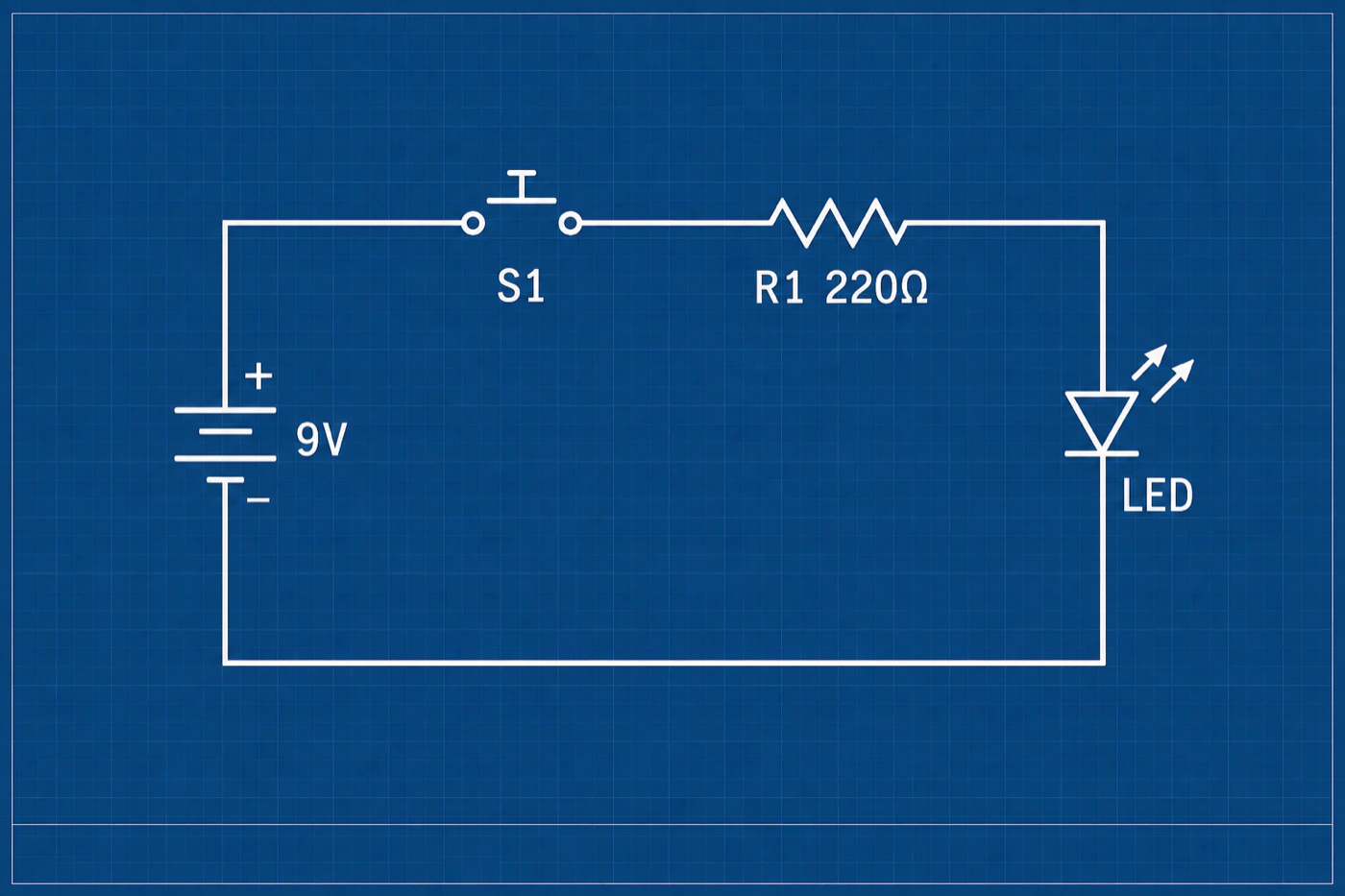 The same series circuit drawn as white line art on a deep blue engineering blueprint background: 9V battery, S1 push button, R1 220 ohm resistor and an LED in a single rectangular loop.