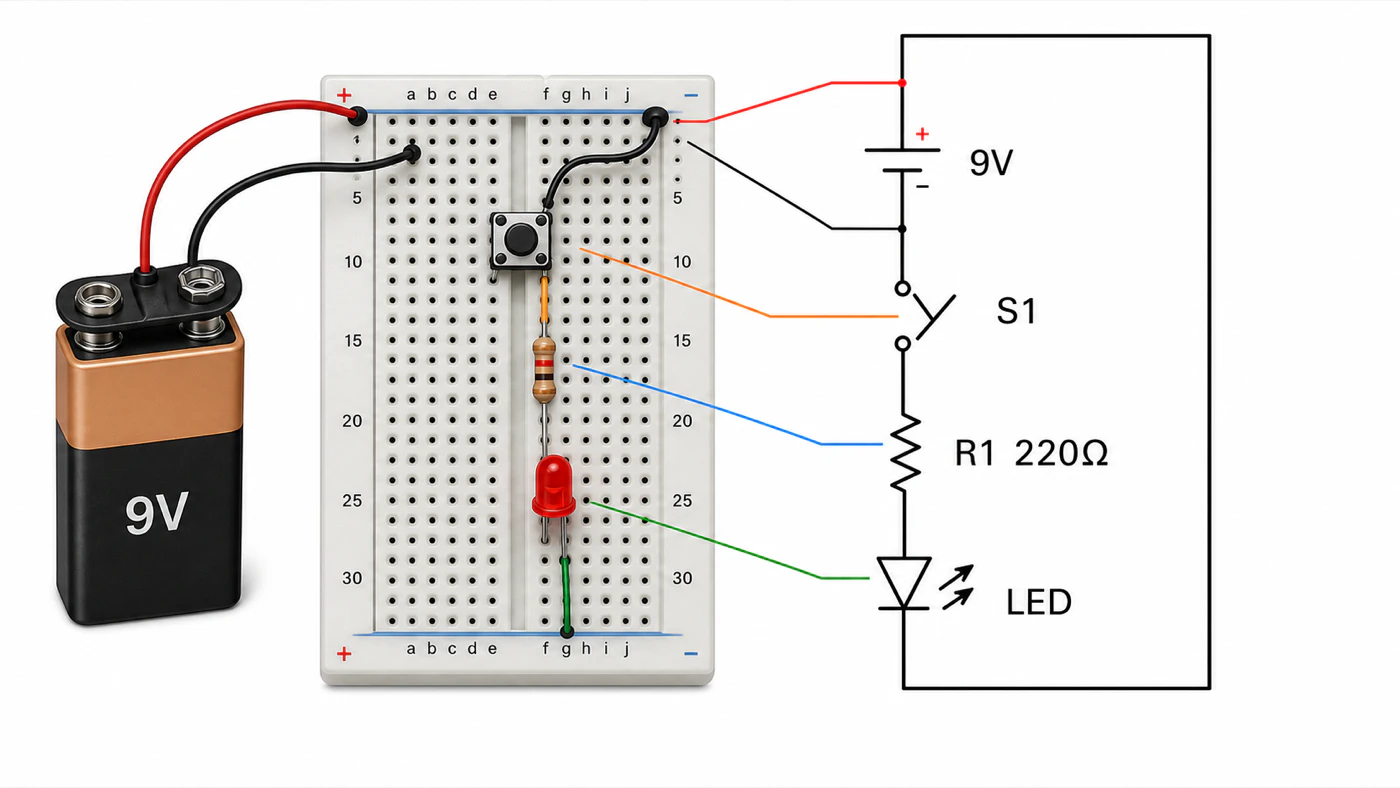 A 9-volt battery wired to a breadboard carrying a push button, a resistor and a red LED, shown beside the same circuit drawn as a symbol schematic, with coloured leader lines joining each physical part to its symbol.