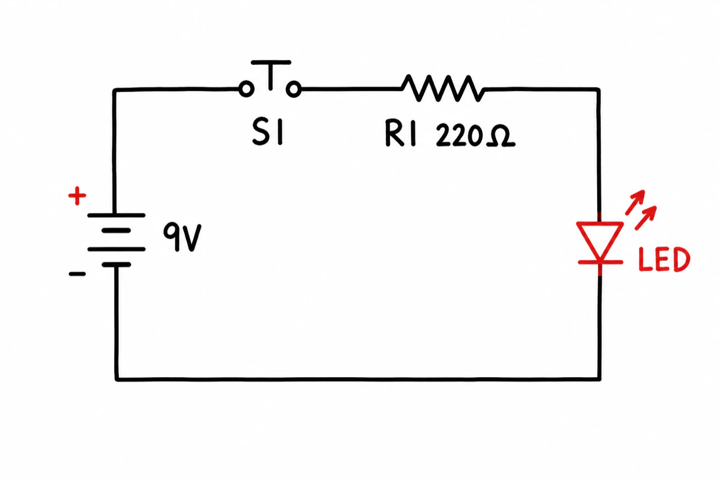 The same series circuit drawn freehand in marker on a whiteboard, with hand-lettered labels for 9V, S1, R1 220 ohm and a red LED.