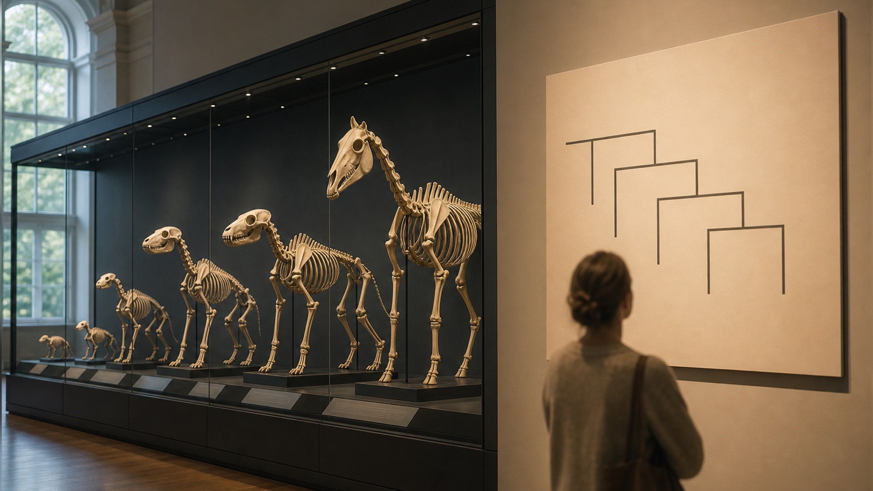 A comparative anatomy gallery: vertebrate skeletons ordered by size along the case, which is a display decision, and a branching diagram on the wall beside them, which is a hypothesis.