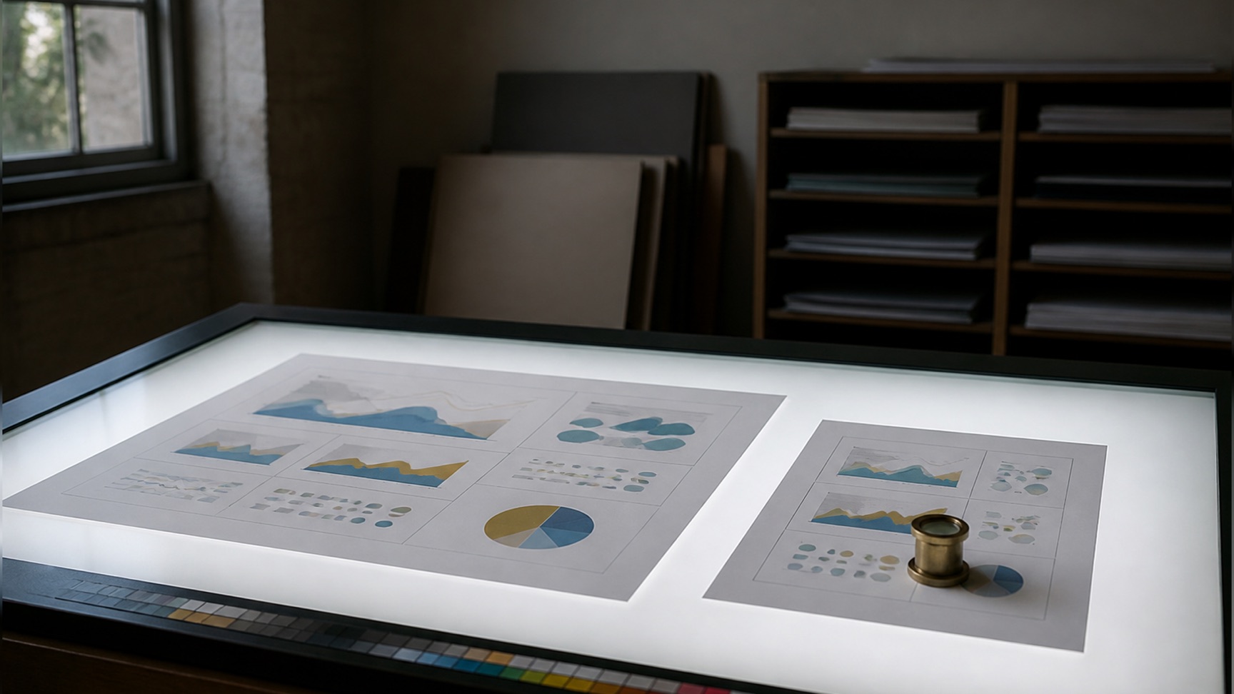 A figure proof on the light table in a journal production office, the same panel laid out at two column widths.