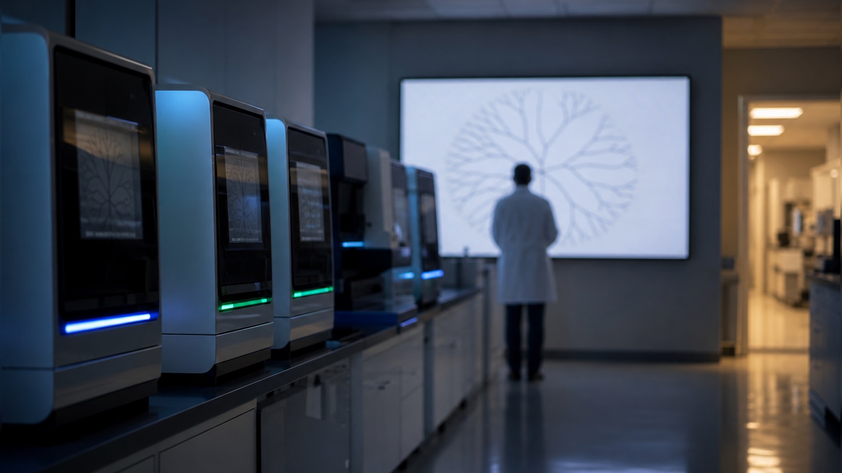 A sequencing facility at night: a row of benchtop instruments, and a researcher at a wall display showing a circular tree carrying no labels — the point at which a genome becomes a hypothesis about ancestry.