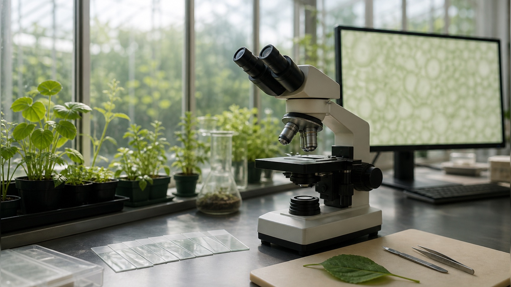A plant physiology bench: leaf material on a cutting board beside a compound microscope, with sectioned tissue on slides waiting to be mounted.