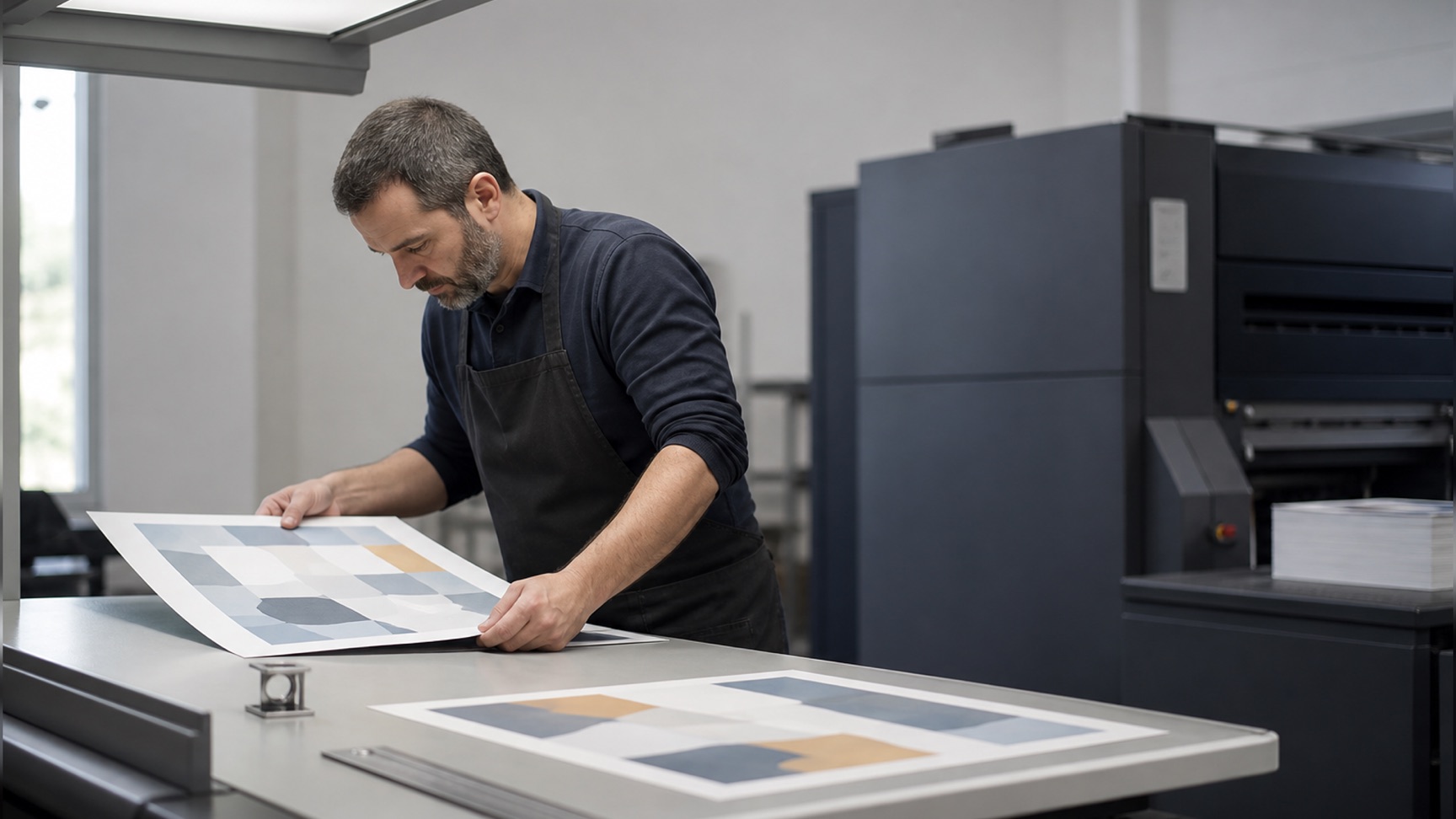 A proof sheet checked under a colour-viewing booth — the room the journal’s figure guide is really written about, where 300 dpi at final size and RGB rather than CMYK stop being abstractions.