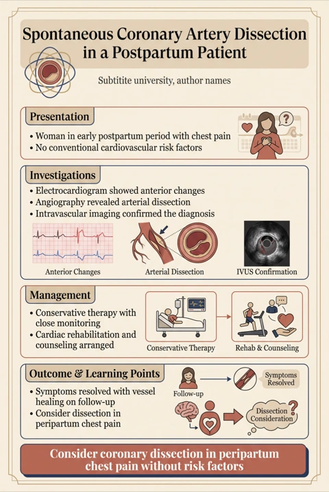 Clinical case report poster example, editorial serif style on cream, portrait layout with per-section clinical figures