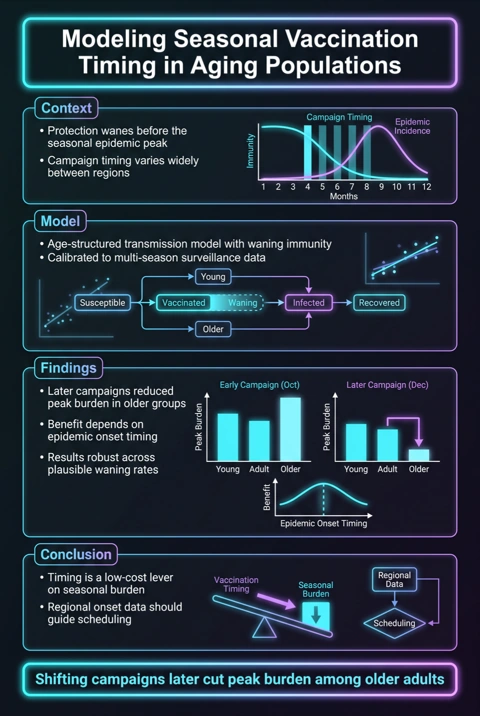 Epidemiology vaccination timing poster example, modern dark style with cyan accents, portrait full-width stacked layout