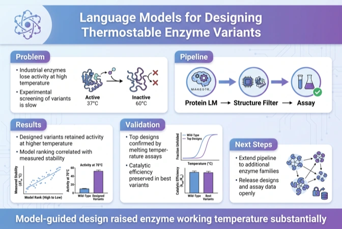 Protein language model enzyme design poster example, tech gradient style, landscape layout with a horizontal pipeline strip