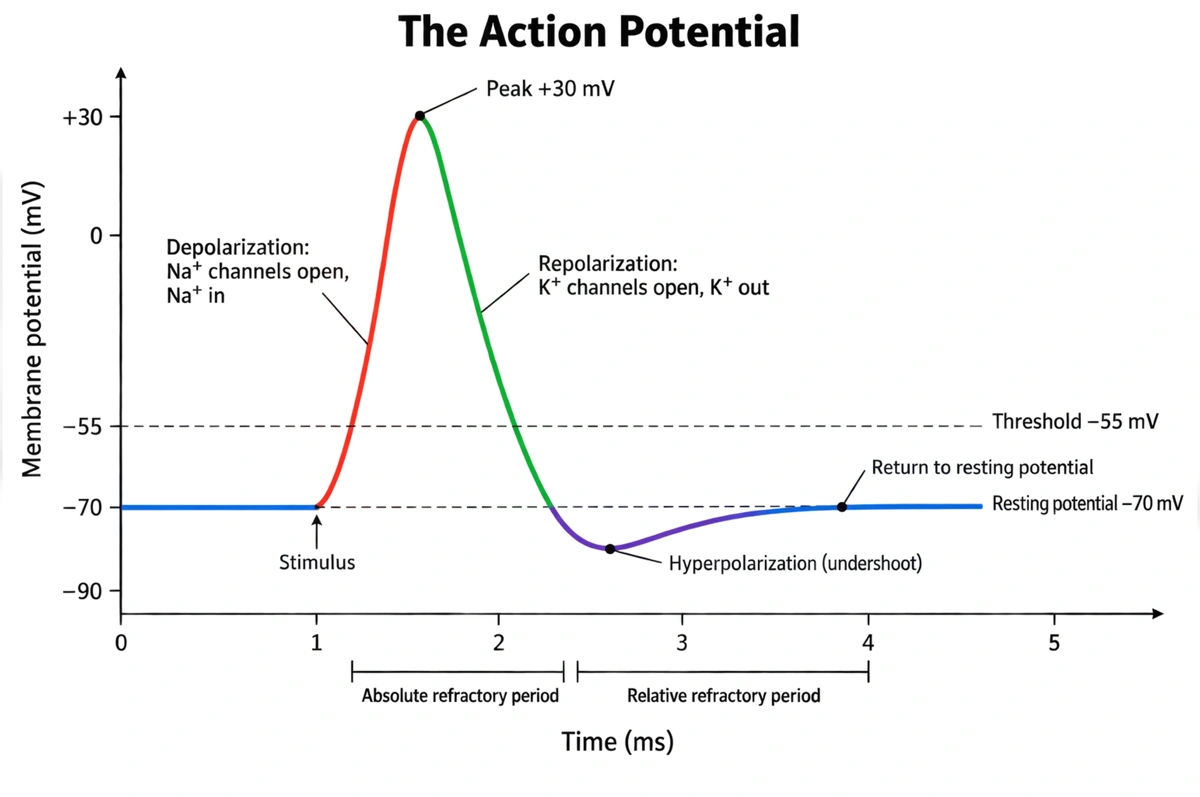 Labeled action potential graph of membrane potential against time with the resting potential, threshold, depolarization, peak, repolarization and hyperpolarization