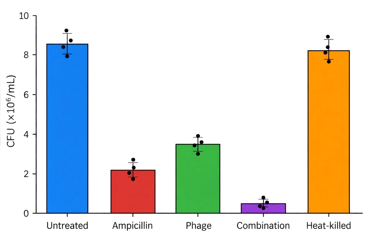 Bar graph of colony counts for five treatments with error bars and individual data points