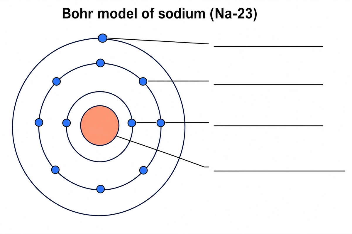 Blank Bohr model diagram of a sodium atom with electrons on three shells and empty answer lines for students to fill in