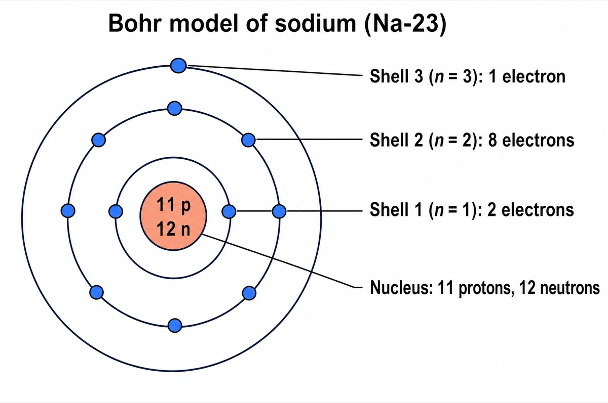 Labeled Bohr model diagram of a sodium-23 atom with 11 protons and 12 neutrons in the nucleus and electrons arranged 2, 8, 1 on three shells