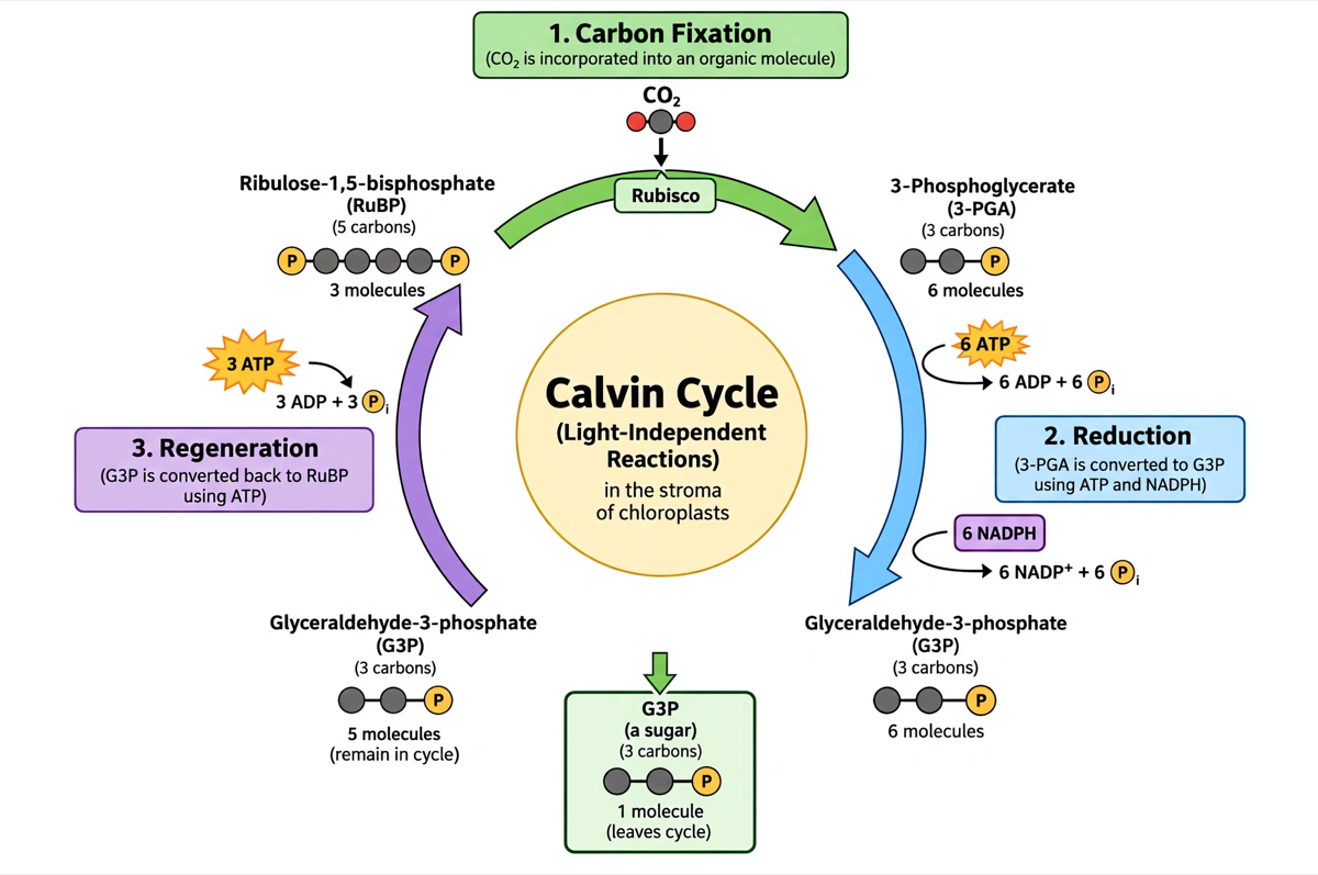 Labeled Calvin cycle diagram showing carbon fixation, reduction and the regeneration of RuBP