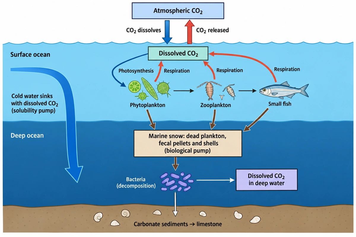 Schema del ciclo del carbonio oceanico con CO₂ disciolta, fitoplancton, zooplancton, neve marina (pompa biologica), pompa di solubilità e sedimenti carbonatici
