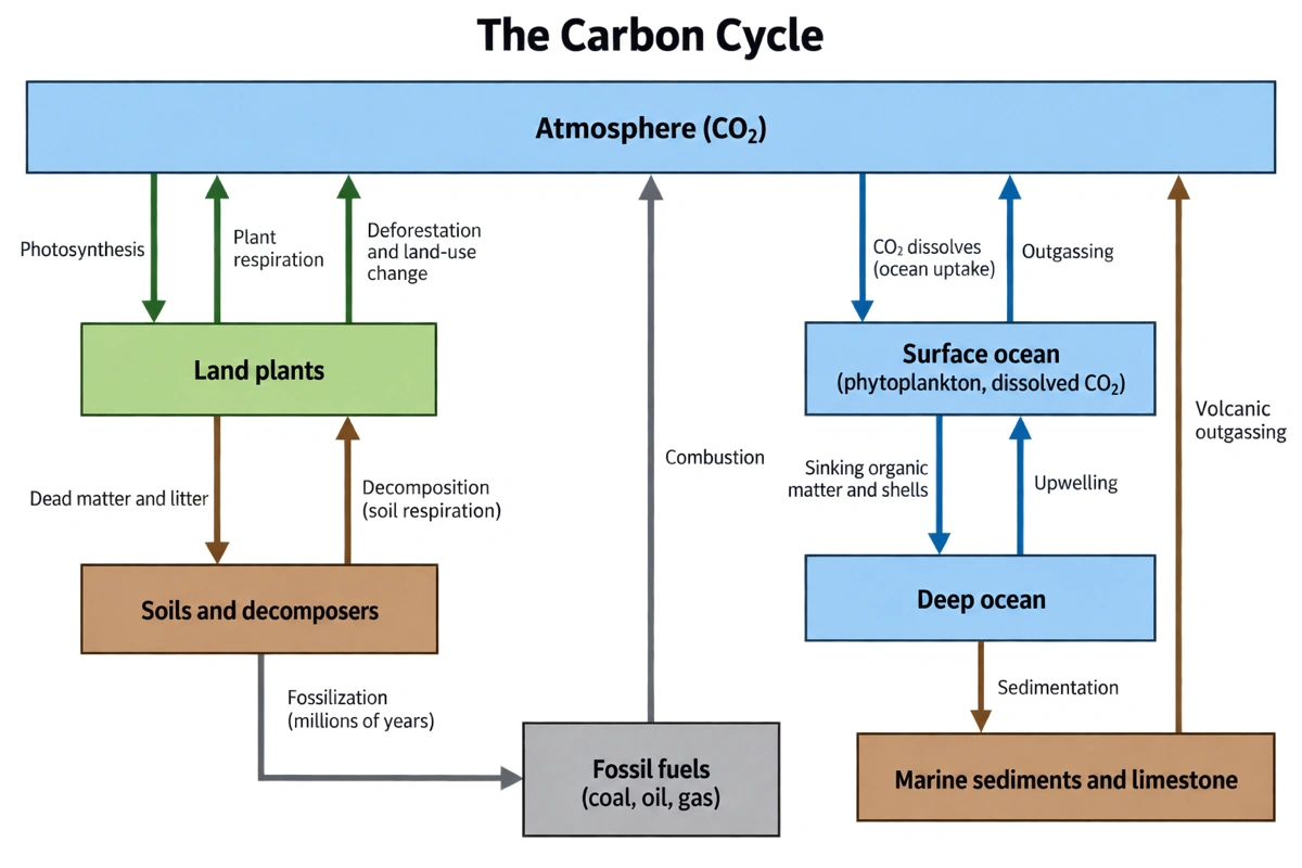 Schema del ciclo del carbonio con riquadri dei serbatoi e frecce di flusso: fotosintesi, respirazione delle piante, cambio d'uso del suolo, decomposizione, fossilizzazione, combustione, assorbimento oceanico, degassamento, risalita, sedimentazione e degassamento vulcanico