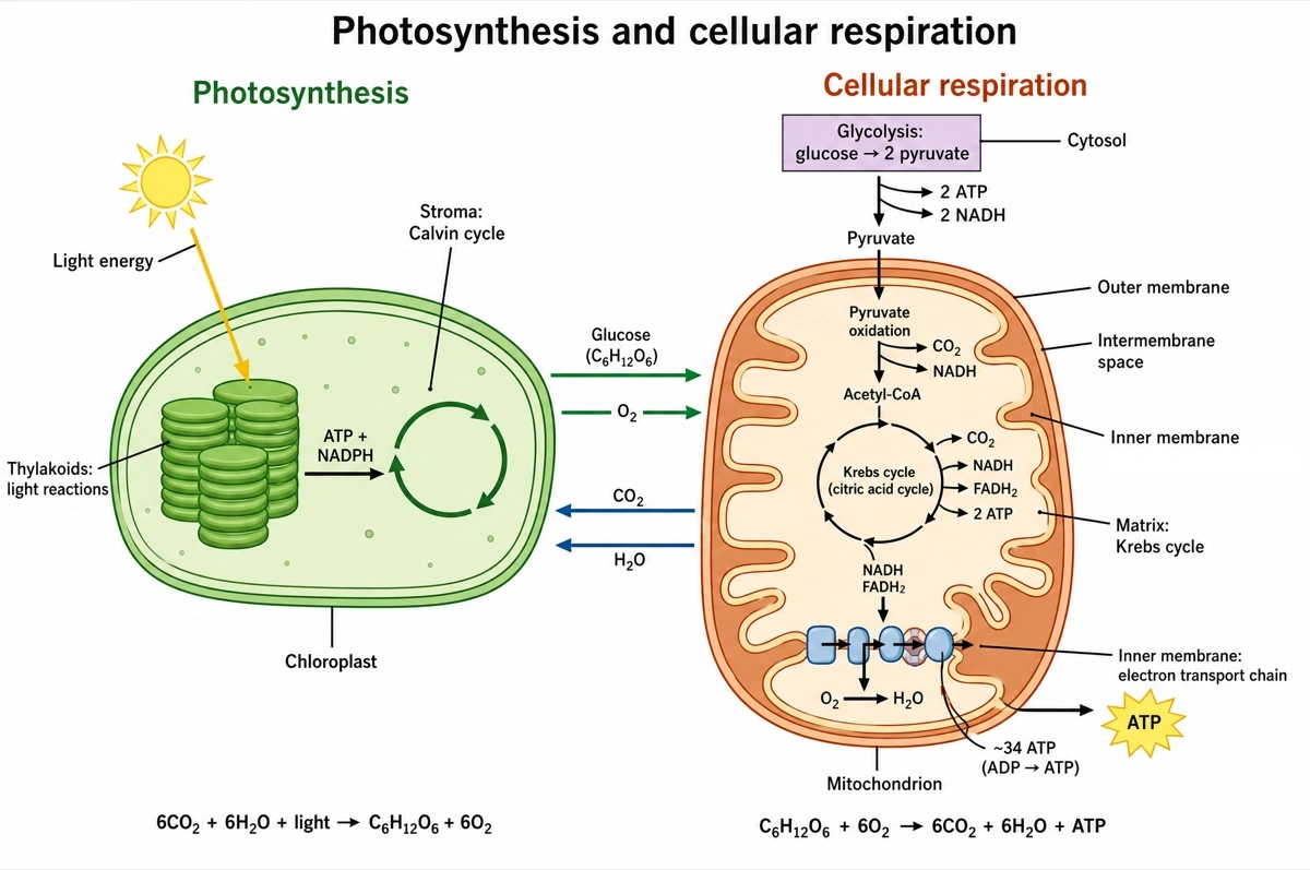 Photosynthesis and cellular respiration diagram: chloroplast and mitochondrion exchanging glucose, O2, CO2 and H2O
