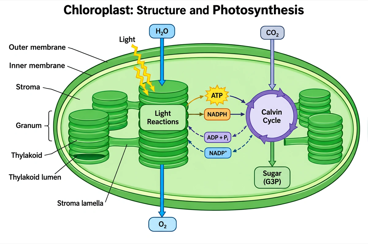 Labeled chloroplast cross-section with the outer and inner membranes, stroma, thylakoids and grana