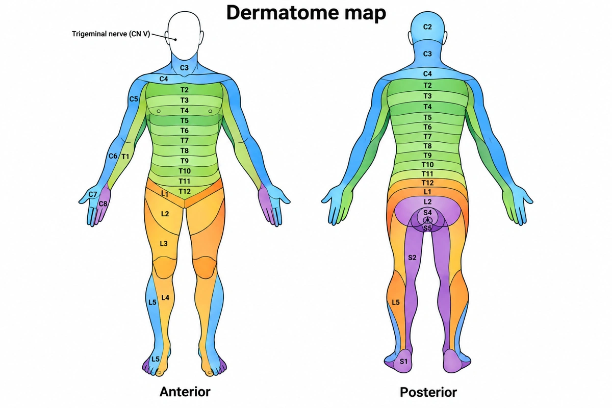 Dermatome Map and Dermatome Chart, C2 to S5 Labeled