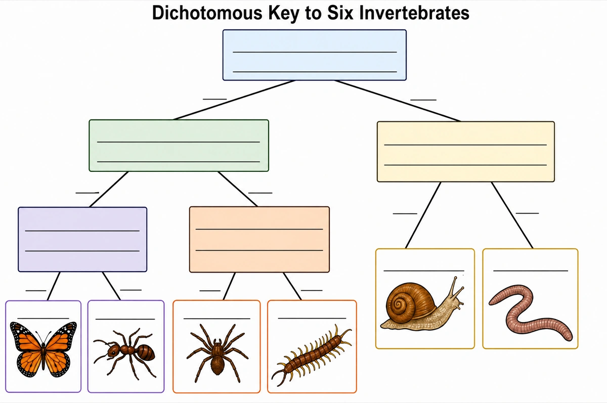 Blank dichotomous key template with empty answer lines on every couplet and at every branch end