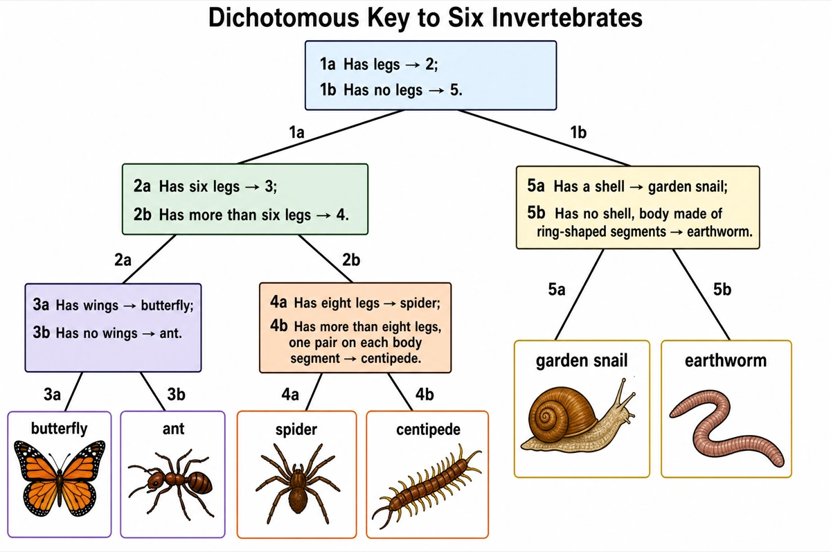 Dichotomous key example drawn as a branching tree that sorts an earthworm, a garden snail, an ant, a butterfly, a spider and a centipede by five numbered couplets