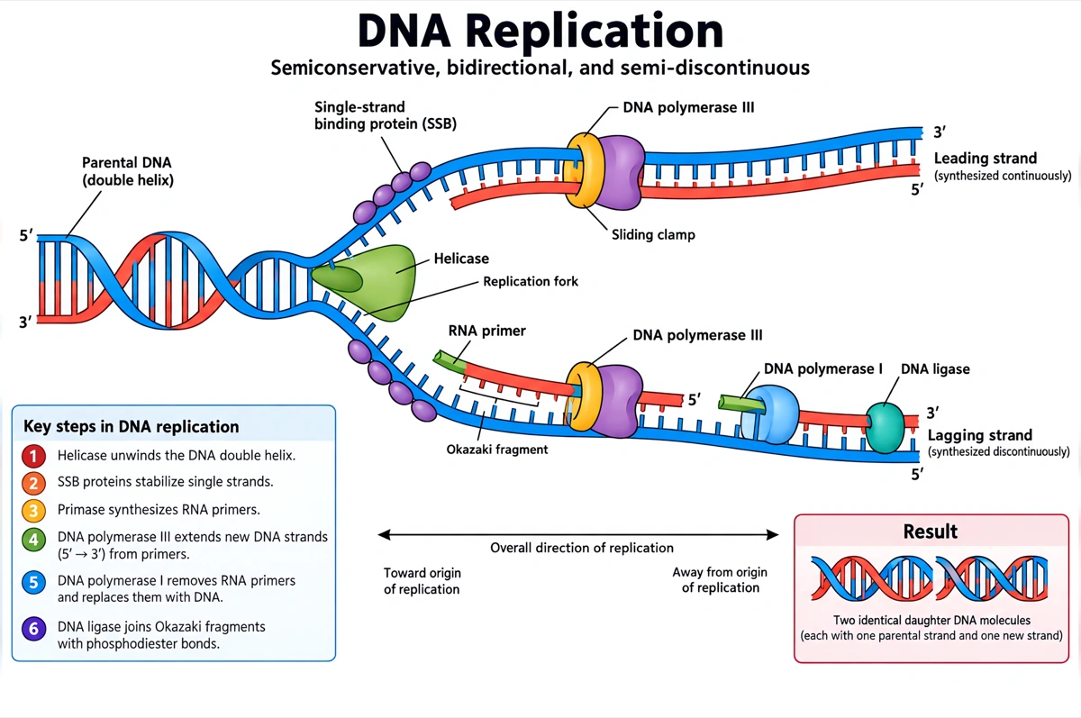 Schema etichettato di una forcella replicativa con gli enzimi, il filamento guida e il filamento lento