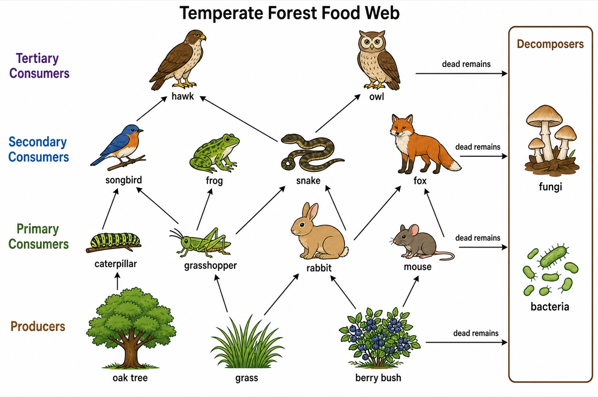 Labeled temperate forest food web: oak tree, grass and berry bush as producers, insects, a rabbit and a mouse as primary consumers, songbird, frog, snake and fox as secondary consumers, a hawk and an owl at the top, fungi and bacteria as decomposers