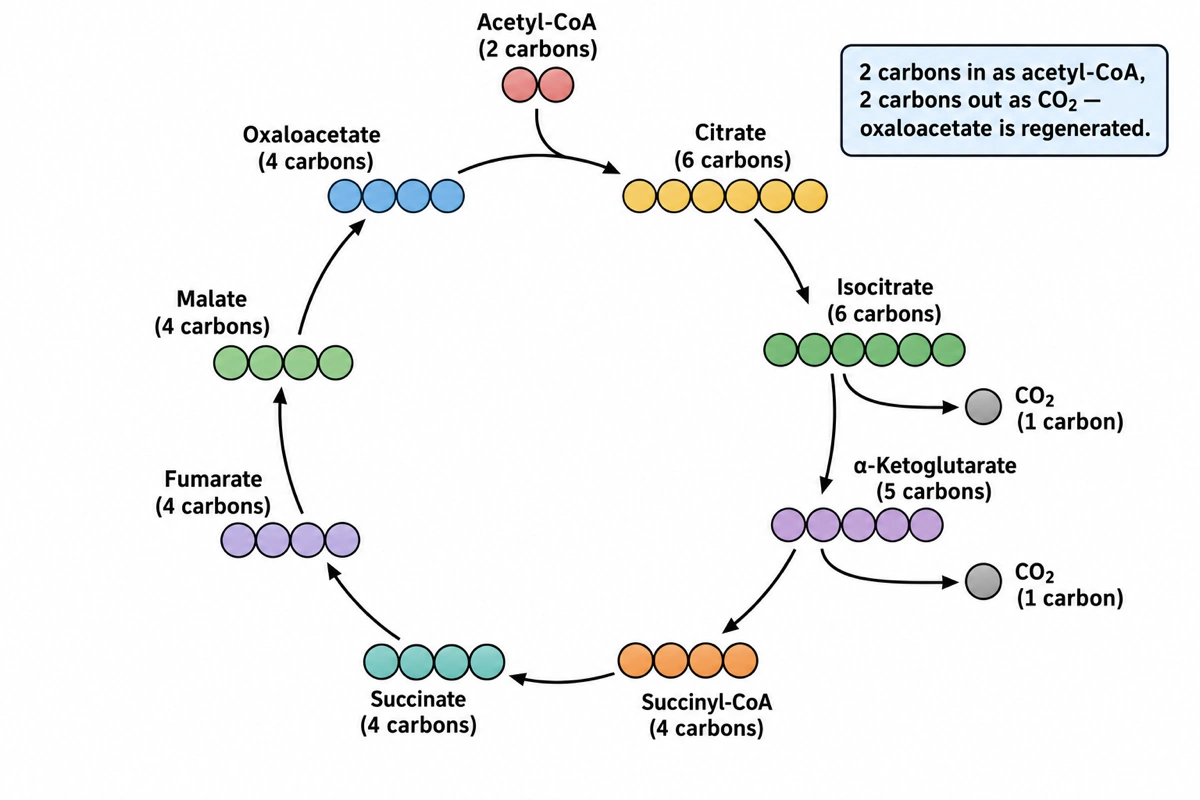 Citric acid cycle diagram counting carbons: citrate and isocitrate 6, α-ketoglutarate 5, then succinyl-CoA, succinate, fumarate, malate and oxaloacetate 4, with two CO₂ released