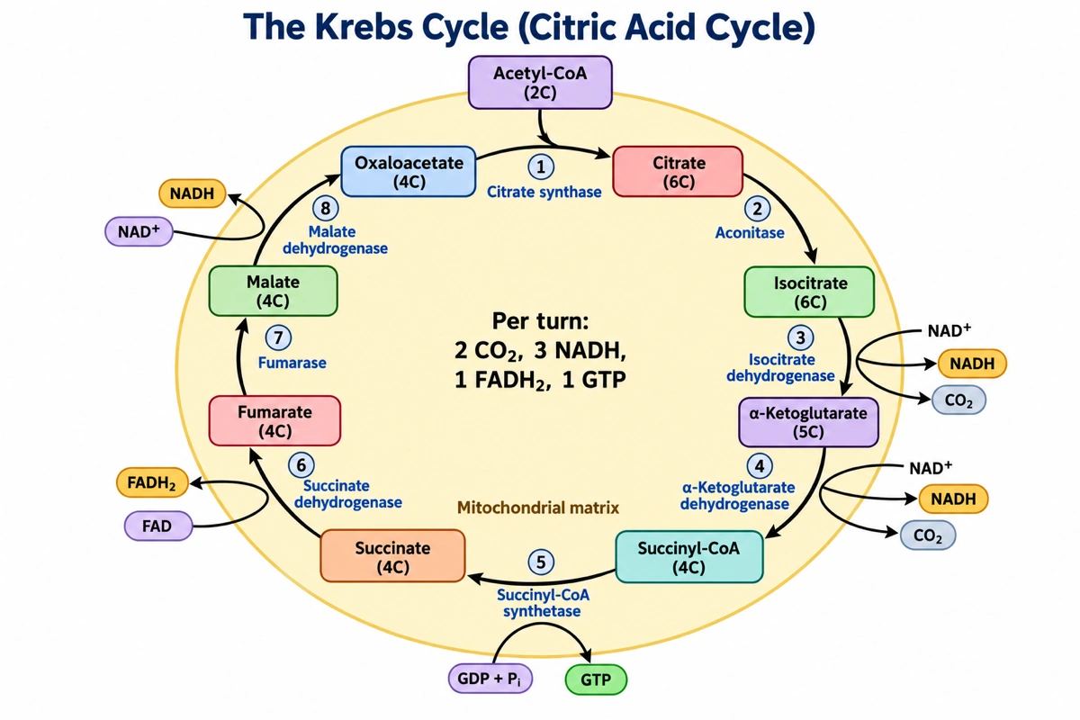 Labeled Krebs cycle diagram in the mitochondrial matrix with citrate, isocitrate, α-ketoglutarate, succinyl-CoA, succinate, fumarate, malate and oxaloacetate, eight numbered enzymes and the NADH, FADH₂, GTP and CO₂ products