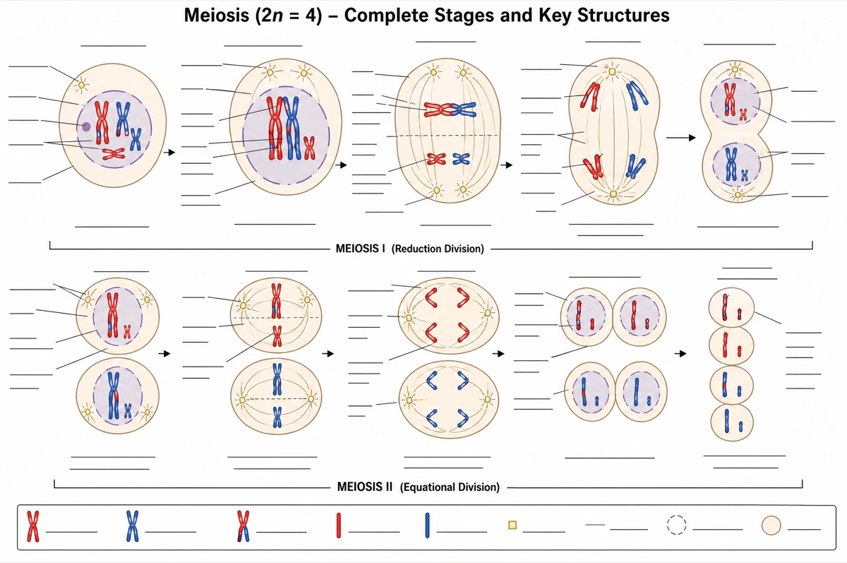 Blank meiosis diagram with empty answer lines for students to label the stages