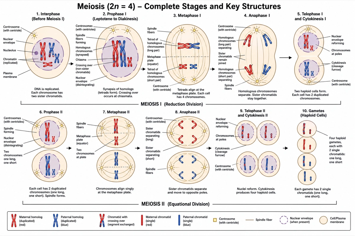 Labeled meiosis diagram showing the stages of meiosis I and meiosis II ending in four haploid cells