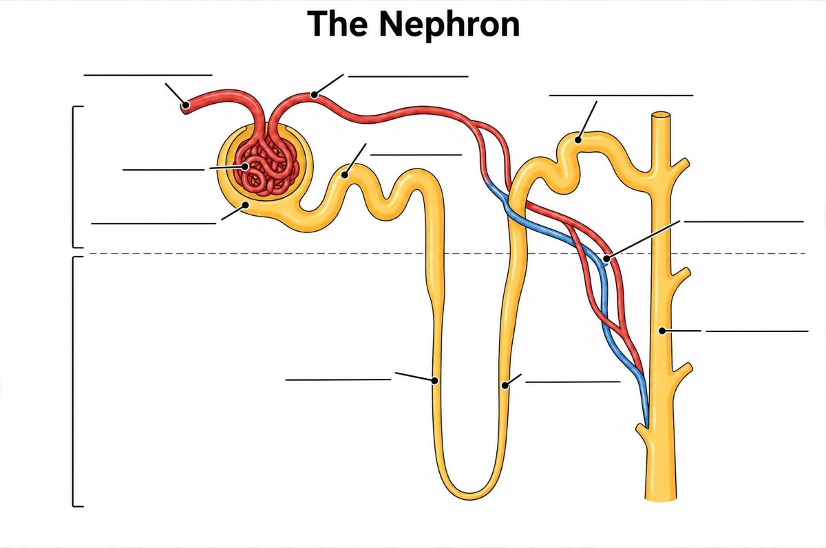 Blank nephron diagram with empty answer lines for students to label