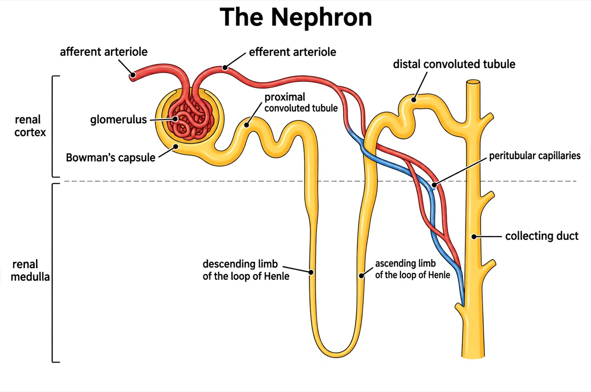 Labeled nephron diagram with the glomerulus, Bowman's capsule, convoluted tubules, loop of Henle and collecting duct
