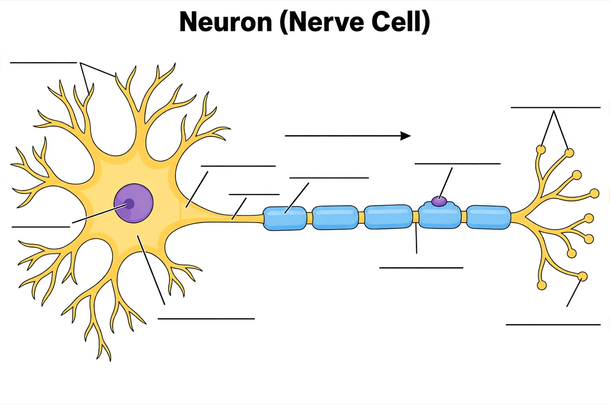 Leeres Schema der Nervenzelle mit leeren Antwortlinien zum Beschriften