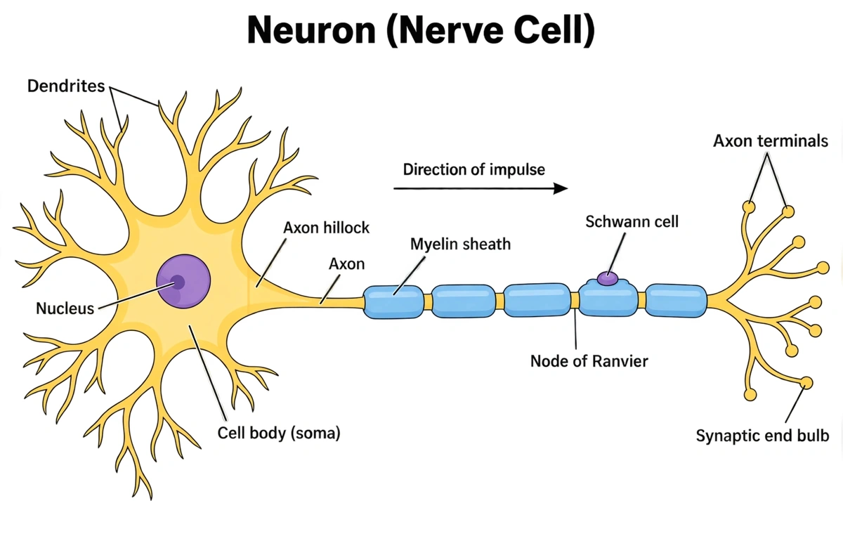 Beschriftetes Schema der Nervenzelle mit Dendriten, Zellkörper, Zellkern, Axonhügel, Axon, Myelinscheide, Ranvier-Schnürringen und Endknöpfchen
