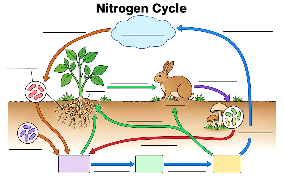 Blank nitrogen cycle diagram with empty answer lines for students to label