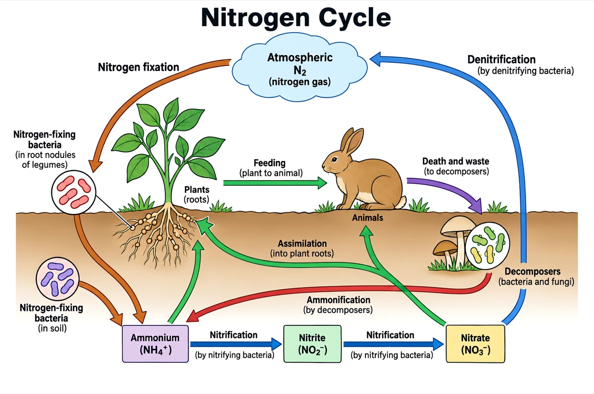 Labeled nitrogen cycle diagram showing nitrogen fixation, ammonification, nitrification, assimilation and denitrification