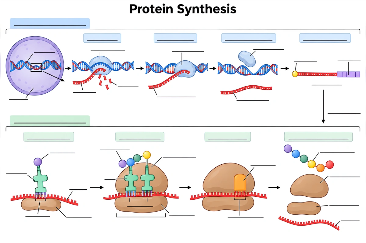 Blank protein synthesis diagram with empty answer lines for students to label