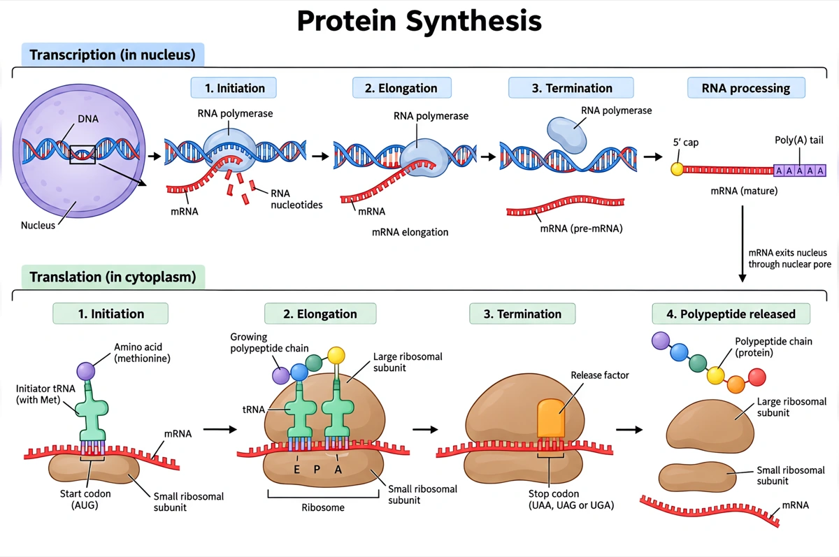 Labeled protein synthesis diagram showing transcription in the nucleus and translation at a ribosome