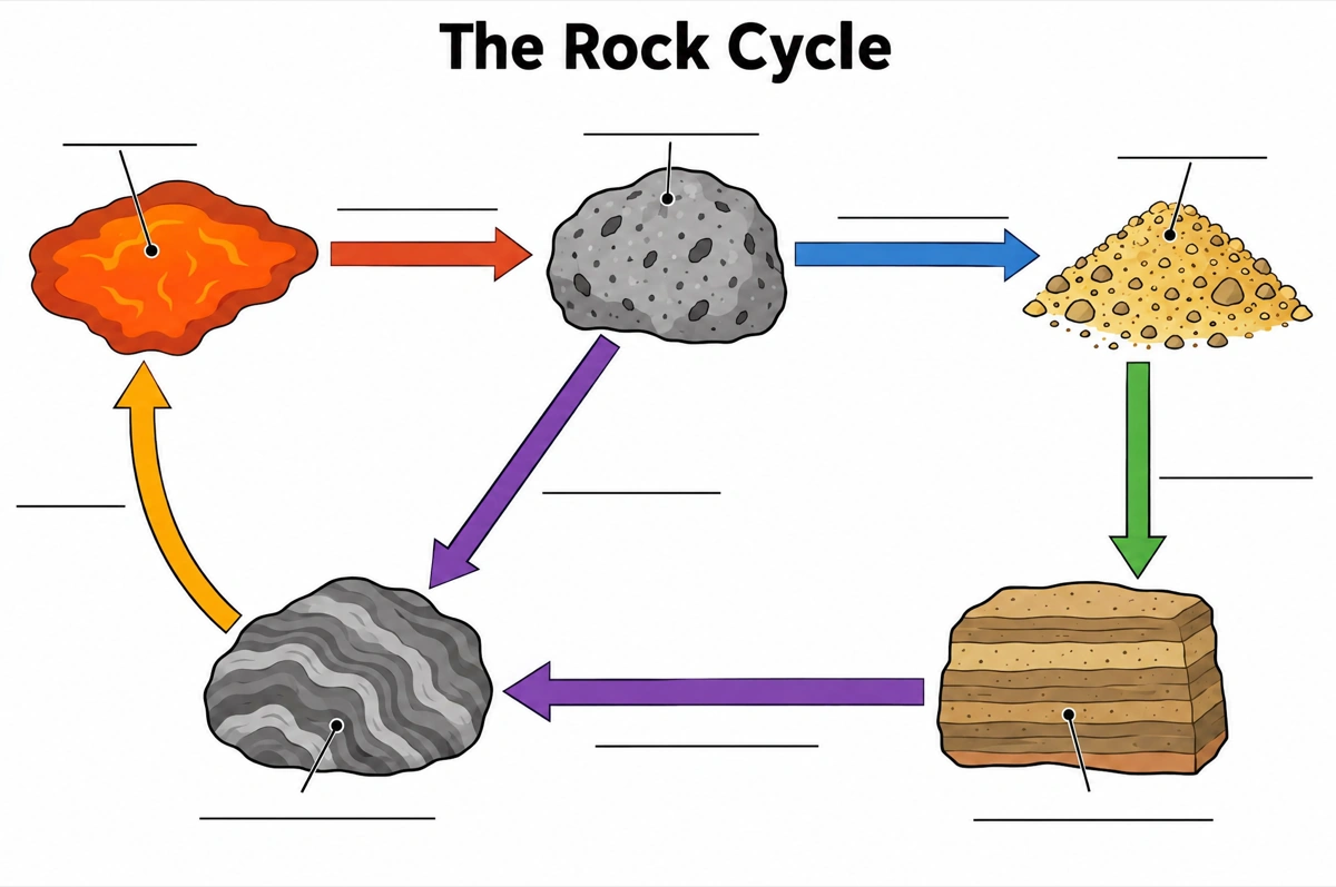 Blank rock cycle diagram with empty answer lines for students to label