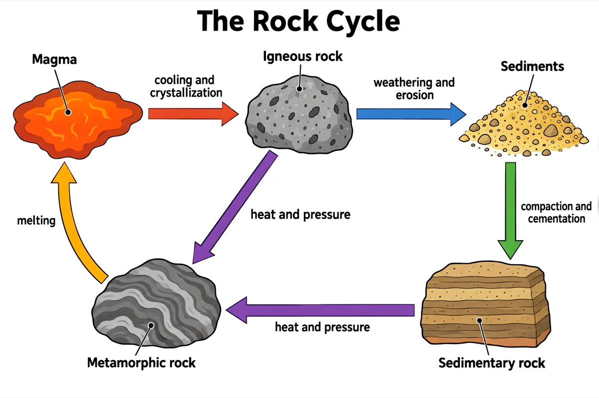 Labeled rock cycle diagram with igneous, sedimentary and metamorphic rock joined by process arrows