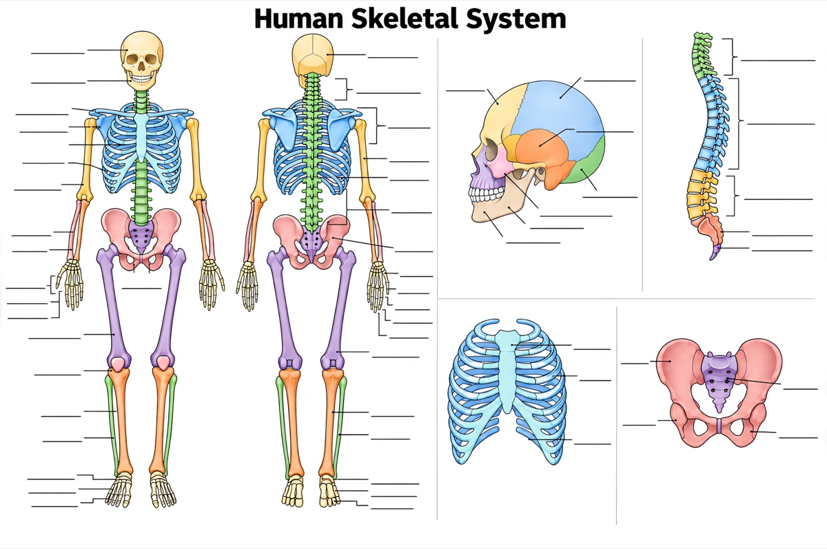 Blank front-view diagram of the human skeleton with empty answer lines for students to label