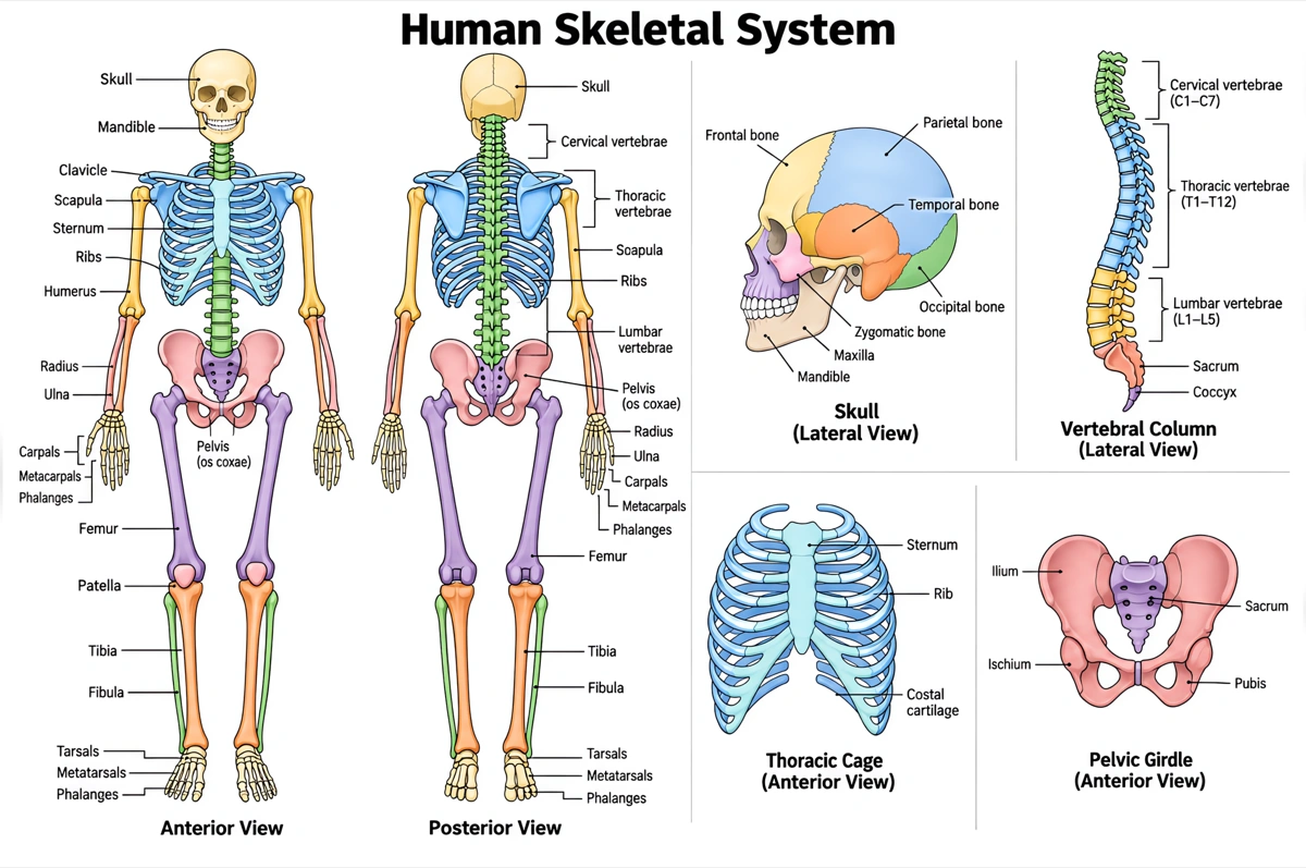 Labeled front-view diagram of the human skeleton with the major bones named