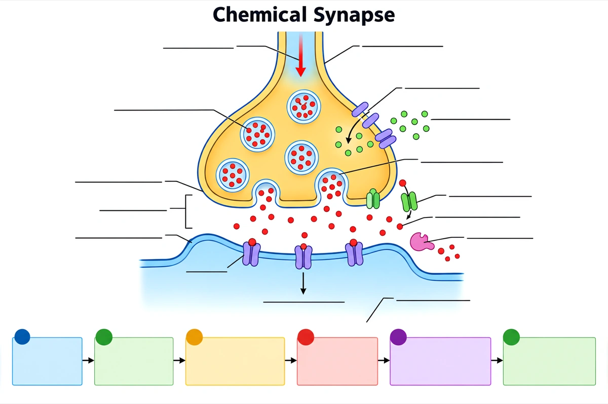 Blank chemical synapse diagram with empty answer lines for students to label