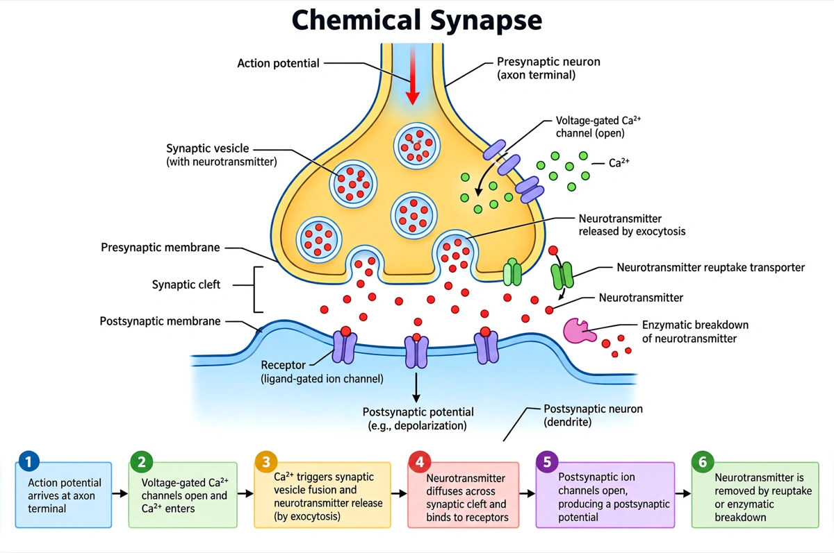 Labeled chemical synapse diagram with the axon terminal, synaptic vesicles, neurotransmitter, calcium channels, synaptic cleft and receptors
