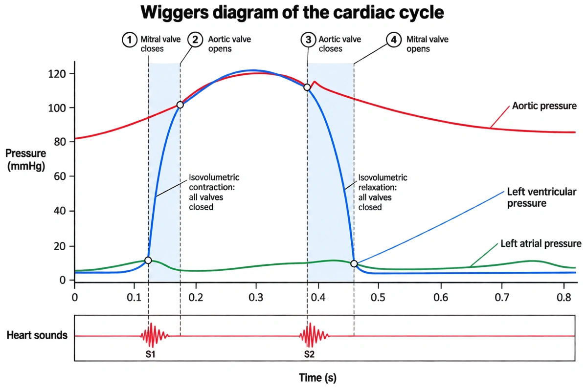 四個瓣膜事件的 Wiggers 圖:在壓力交叉點處二尖瓣關閉、主動脈瓣打開、主動脈瓣關閉、二尖瓣打開,並標出 S1 和 S2