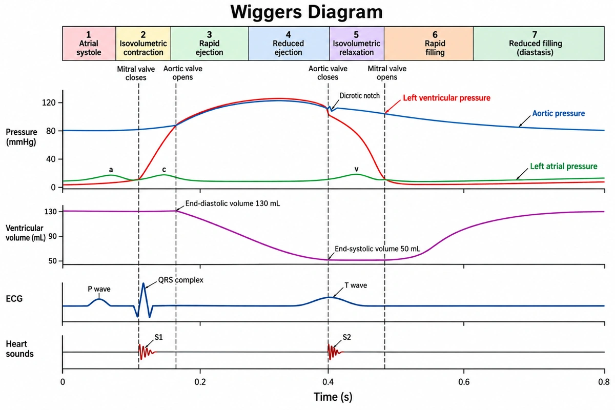 帶標註的 Wiggers 圖,含編號的七個心動週期時期、主動脈壓、左心室壓、左心房壓、心室容積、心電圖和心音 S1、S2